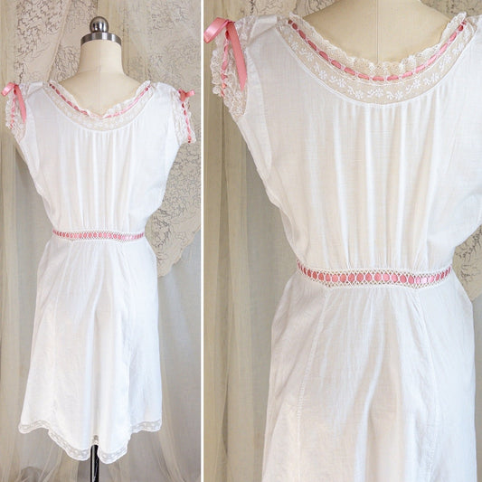 1900's Victorian Era Camiknickers - Soft White Cotton Lawn with Bobbin Lace & Pink Ribbon Drawstrings - Daggers & Dames