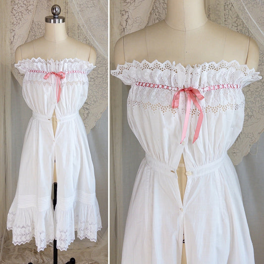 1900's Victorian Era Camiknickers - White Cotton with Elaborate Scalloped Eyelet Lace with Pink Ribbon Drawstring - Daggers & Dames