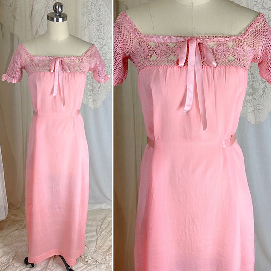 1910's - 1920's Nightgown - Melon Pink Silk Crepe with Crochet Lace Yoke & Silk Ribbon Ties - Daggers & Dames