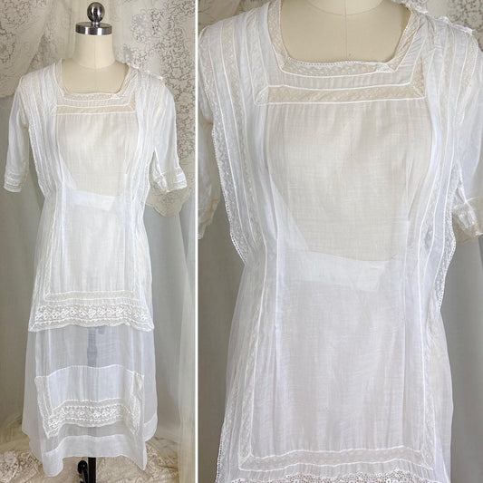 1910's Edwardian Day Dress - Semi Sheer Cotton Batiste with Bobbin Lace & Apron Yoke - Size XXS - Daggers & Dames