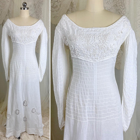 1910's Edwardian Dress - White Heavy Cotton with Elaborate Soutache Embroidery & Pintuck Stitching - Size M - Daggers & Dames