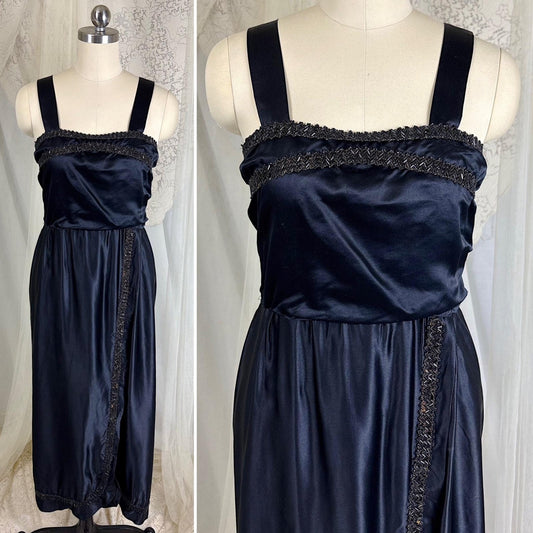 1910's Edwardian Evening Gown - Black Silk Satin with Copper Hued Glass Beadwork - Size XS - Daggers & Dames