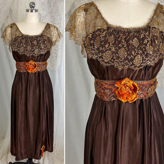 1910's Edwardian Evening Gown - Rich Mocha Brown Silk with Gold Metallic Lace & Velvet Flowers - Size XS - Daggers & Dames