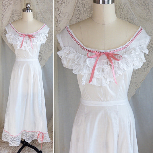 1910's Edwardian Princess Slip - White Cotton with Bobbin Lace Trim & Pink Satin Draswtrings - Daggers & Dames