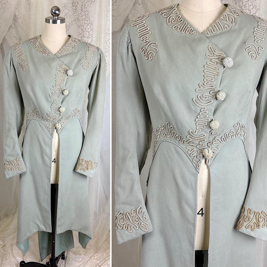 1910's Edwardian Redingote Walking Jacket - Dove Gray Wool with Ivory Soutache & Mint Green Lining - Size M - Daggers & Dames
