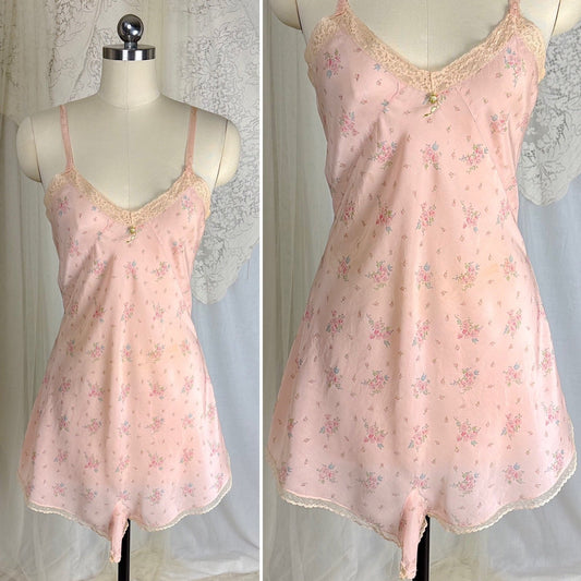 1930's Teddy Chemise - Dusty Rose Pink Silk with Ditsy Flowers & Bobbin Lace - Daggers & Dames