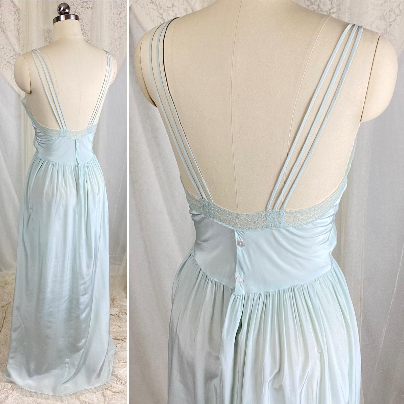 1940s Blue - Green Rayon Nightgown with Sheer Tulle Bodice & Rear Button Closure by textron - Unworn, Size M - Daggers & Dames
