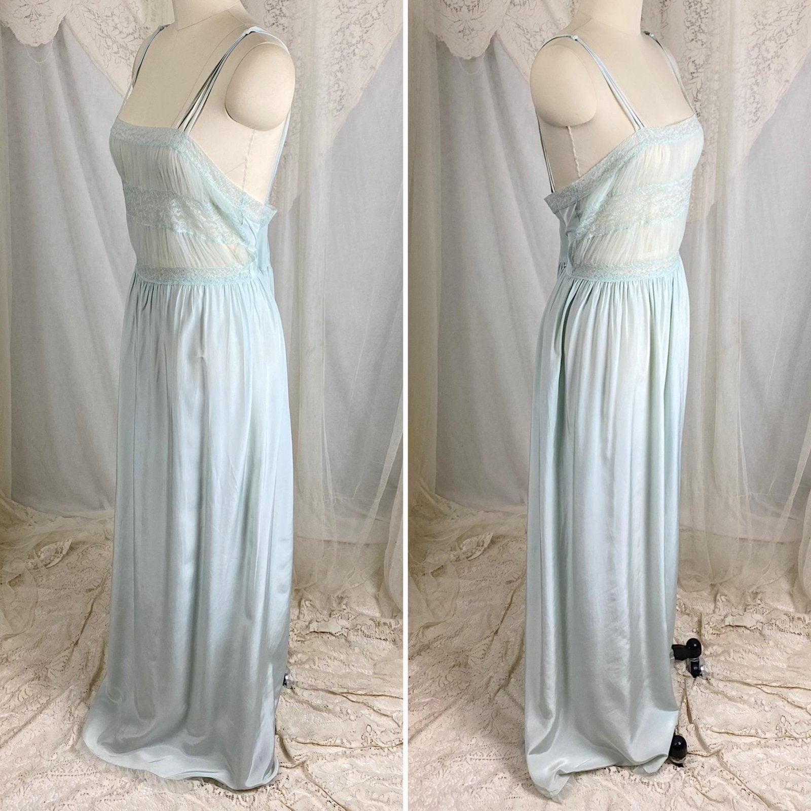 1940s Blue - Green Rayon Nightgown with Sheer Tulle Bodice & Rear Button Closure by textron - Unworn, Size M - Daggers & Dames