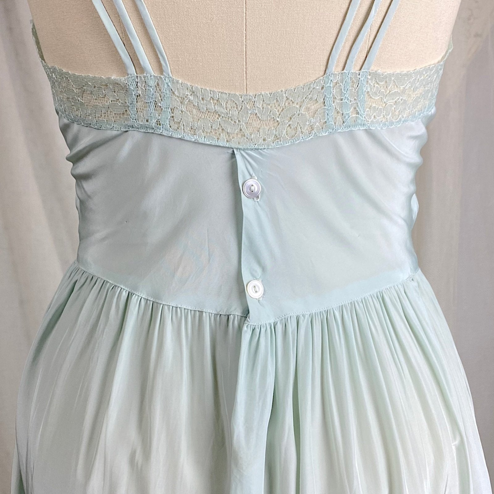 1940s Blue - Green Rayon Nightgown with Sheer Tulle Bodice & Rear Button Closure by textron - Unworn, Size M - Daggers & Dames