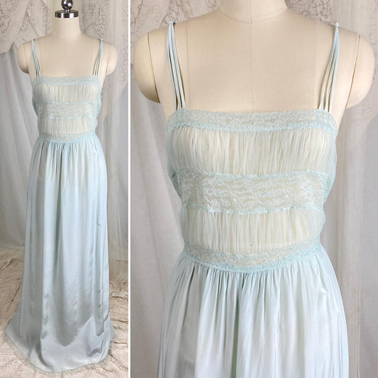 1940s Blue - Green Rayon Nightgown with Sheer Tulle Bodice & Rear Button Closure by textron - Unworn, Size M - Daggers & Dames