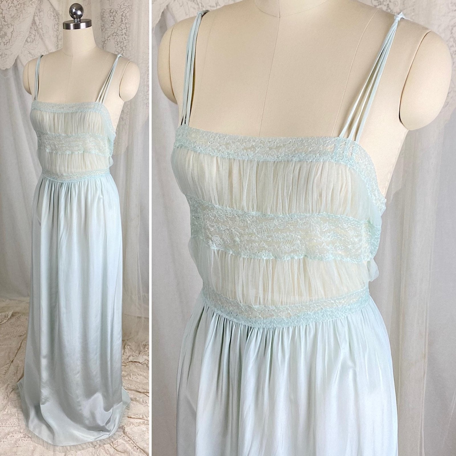 1940s Blue - Green Rayon Nightgown with Sheer Tulle Bodice & Rear Button Closure by textron - Unworn, Size M - Daggers & Dames