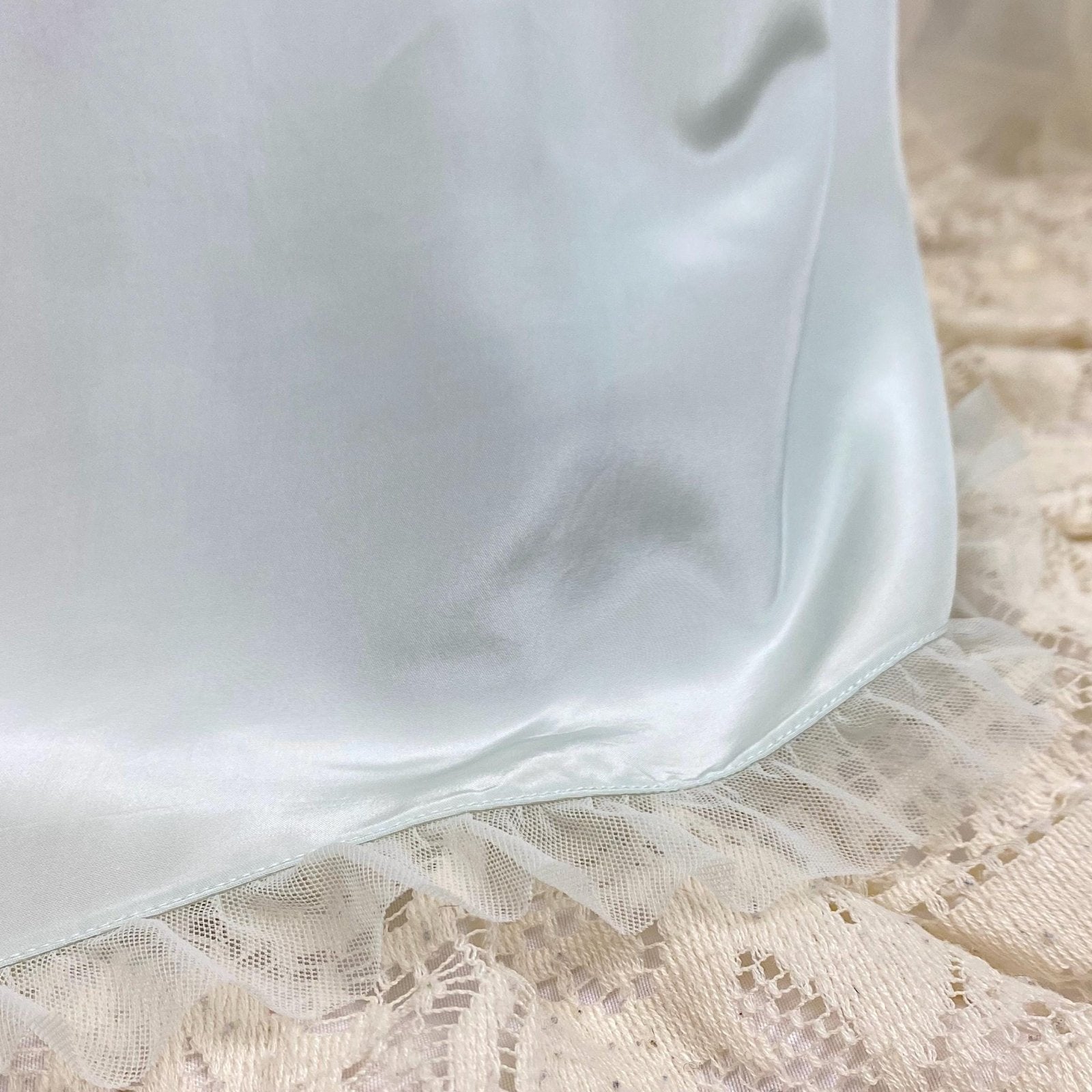 1940s Blue - Green Rayon Nightgown with Sheer Tulle Bodice & Rear Button Closure by textron - Unworn, Size M - Daggers & Dames