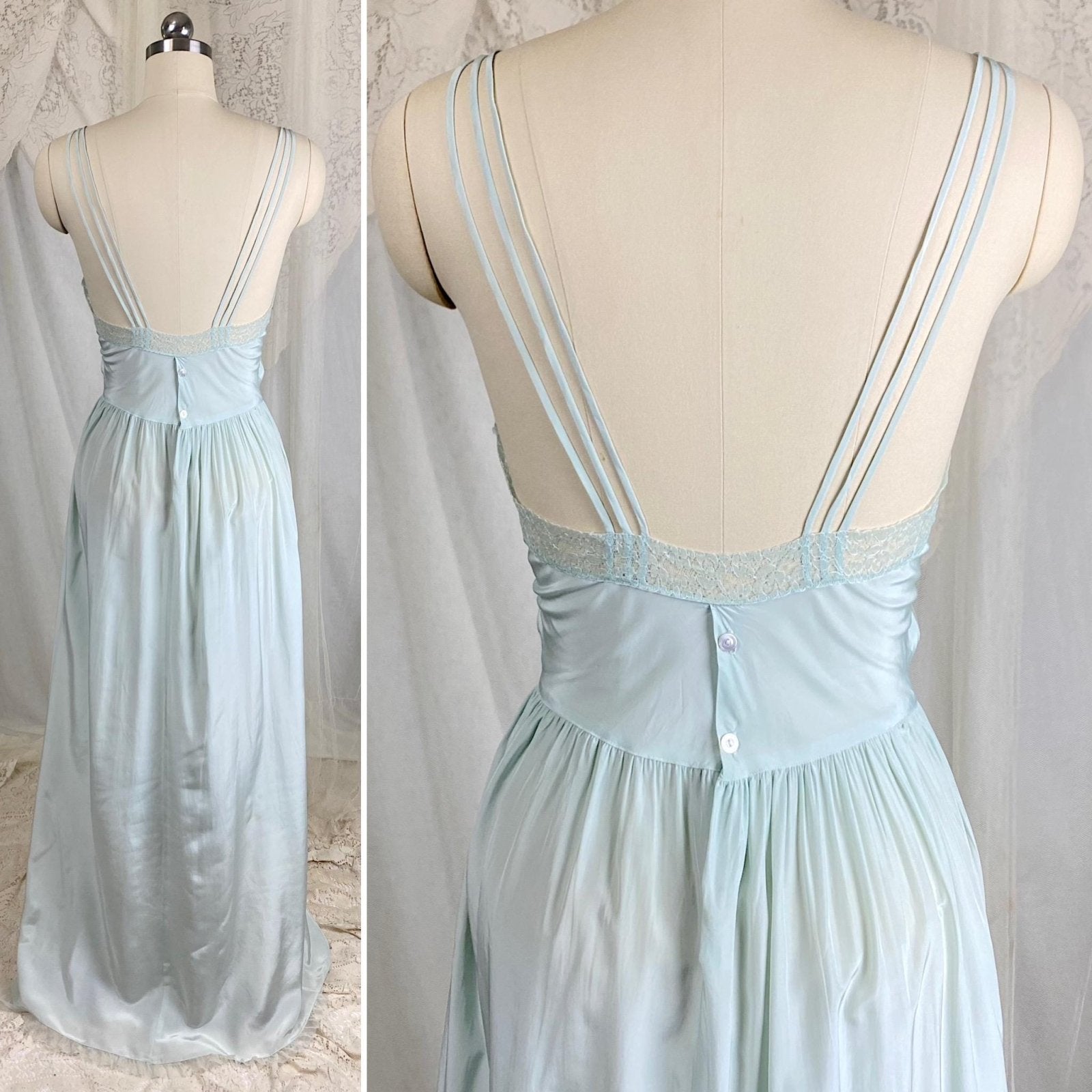 1940s Blue - Green Rayon Nightgown with Sheer Tulle Bodice & Rear Button Closure by textron - Unworn, Size M - Daggers & Dames