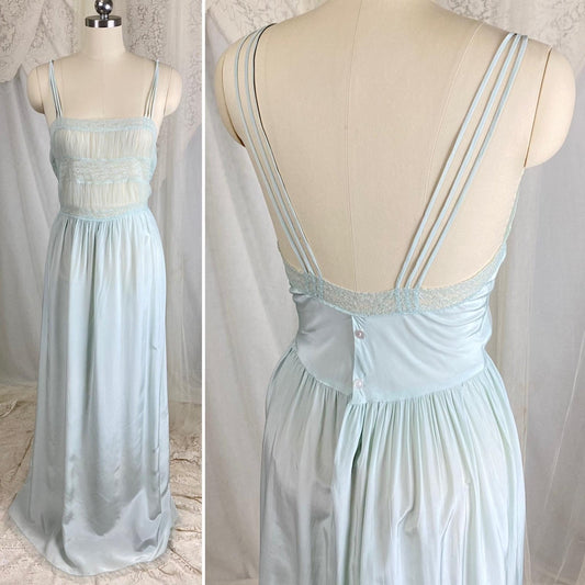 1940s Blue - Green Rayon Nightgown with Sheer Tulle Bodice & Rear Button Closure by textron - Unworn, Size M - Daggers & Dames