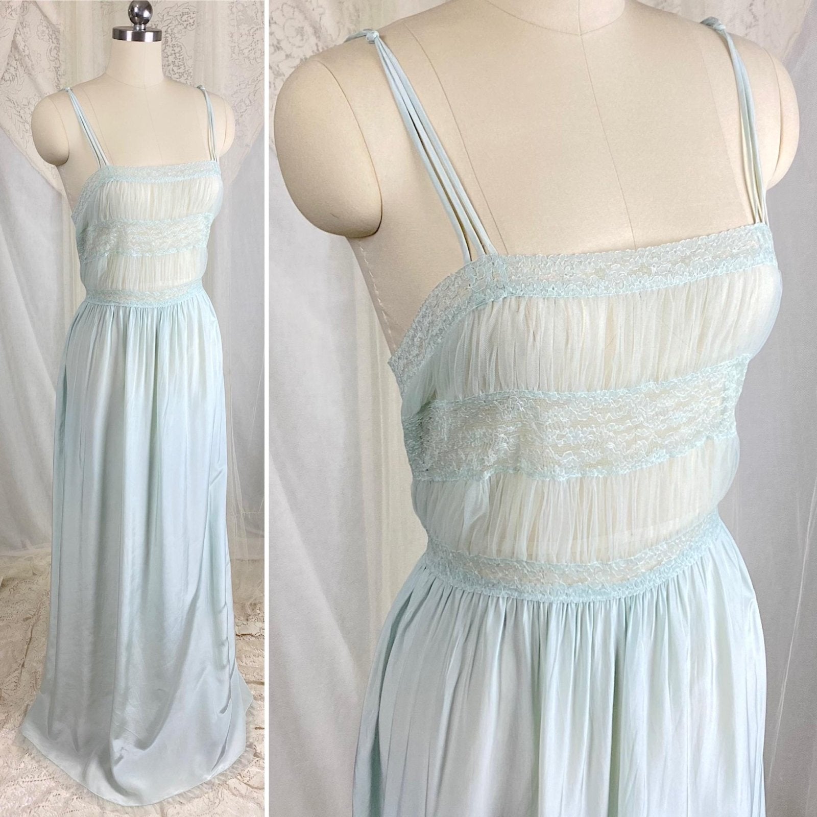 1940s Blue - Green Rayon Nightgown with Sheer Tulle Bodice & Rear Button Closure by textron - Unworn, Size M - Daggers & Dames