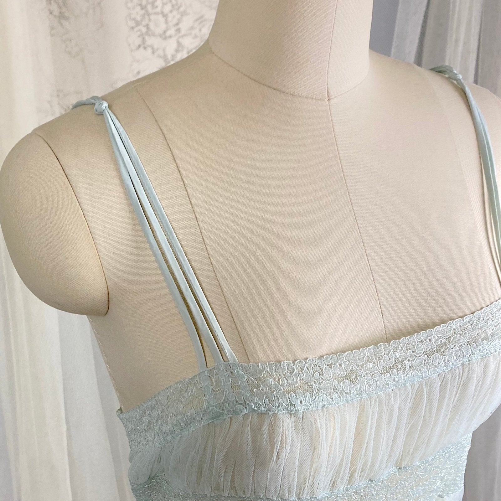 1940s Blue - Green Rayon Nightgown with Sheer Tulle Bodice & Rear Button Closure by textron - Unworn, Size M - Daggers & Dames