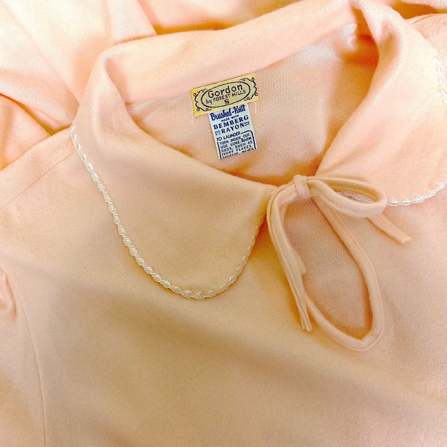 1940's Nightgown - Palest Peach Brushed Rayon with Long Sleeves & Keyhole Neck by Gordon Forest Mills - Daggers & Dames