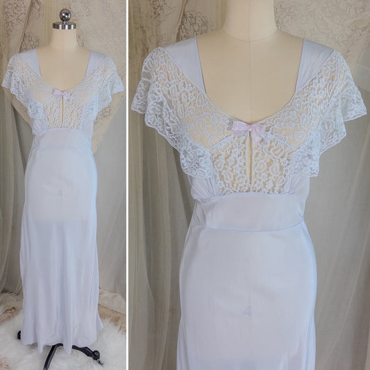 1940's Nightgown - Periwinkle Blue Rayon with Floral Lace & Keyhole Neckline by Lady Edso | Small, Medium - Daggers & Dames