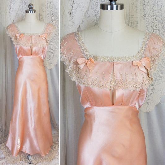 1940's Nightgown - Rich Blush Pink Rayon Satin with Ruffled Cotton Tulle - Daggers & Dames