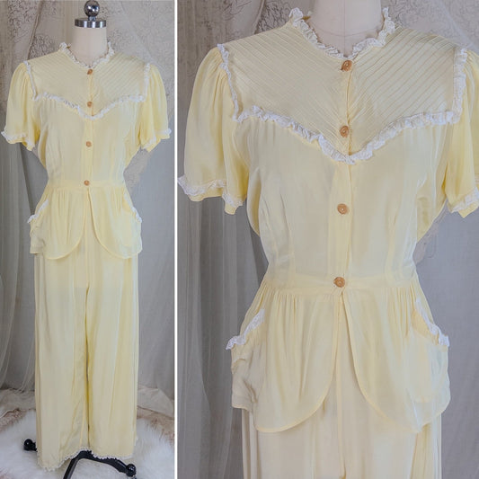 1940's Pajama Set - Daffodil Yellow Rayon with Ruffled White Lace by Seamprufe | Small, Medium - Daggers & Dames