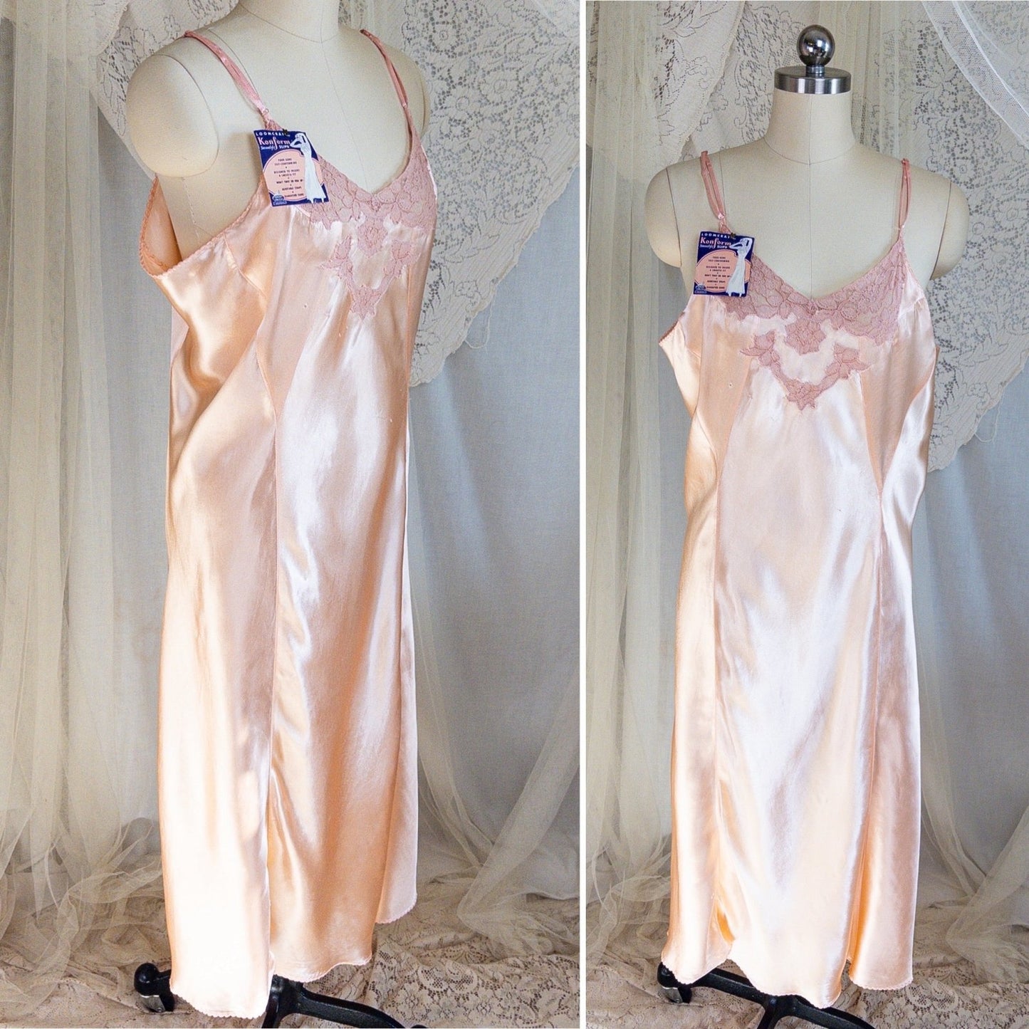 1940's Slip - Rose Gold Pink Rayon Satin with Mauve Cotton Lace by Loomcraft, New with Tags - Daggers & Dames