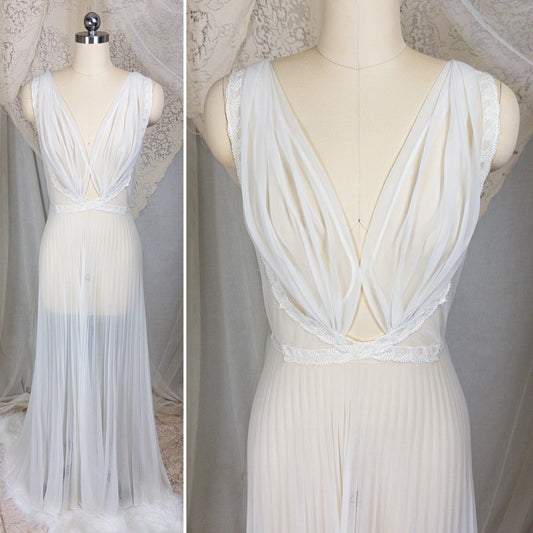 1950s - 1960s Grecian Nightgown - Sheer White Nylon Chiffon with Keyhole Neckline & Pleated Skirt by Carter's | Small, Medium - Daggers & Dames