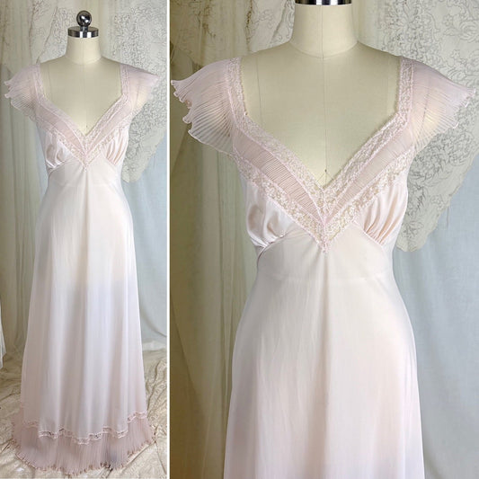 1950's Nightgown - Powder Pink Nylon with Ruffled Crystal Pleated Chiffon by Vanity Fair - Daggers & Dames