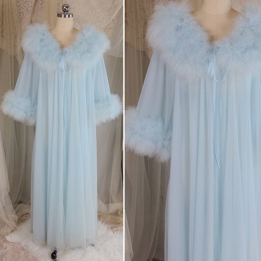 1960's Nightgown & Peignoir Set - Bright Baby Blue Nylon Chiffon with Marabou Feather Trim by Intime of California | Small, Medium - Daggers & Dames
