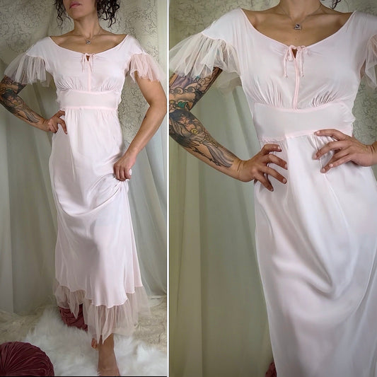 Vintage 1940's Powder Pink Rayon Nightgown with Tulle - By Textron, Size S, M
