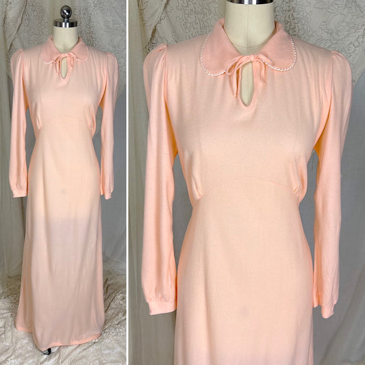 1940's Nightgown - Palest Peach Brushed Rayon with Long Sleeves & Keyhole Neck by Gordon Forest Mills