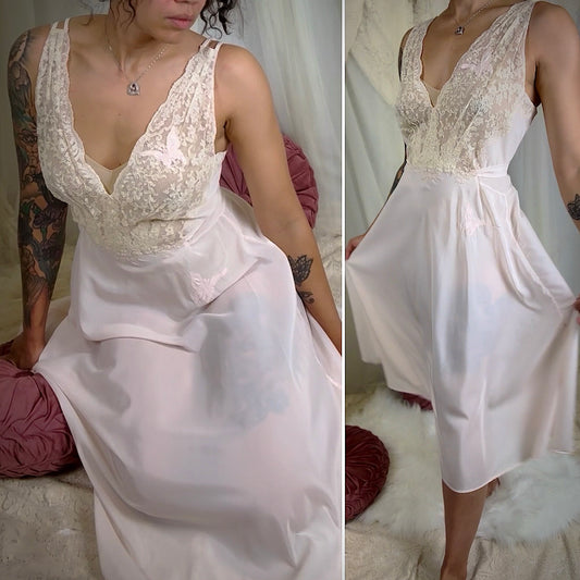 Vintage 1940's - 1950's Crisp Palest Pink Tea Length Nightgown with Ivory Floral Lace & Butterfly Appliqués - By Hatem, Size M, LG