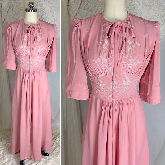 1930's - 1940's Dressing Gown Robe - Warm Blush Pink Rayon Crepe with Intricate Floral Embroidery