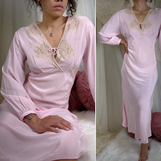 Vintage 1940's Long Sleeved Rich Rose Pink Rayon Crepe Nightgown with Ivory Cotton Lace - Size S, M