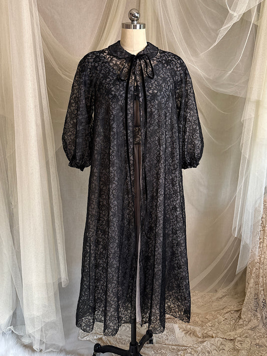 Vintage 1950's - 1960's Peignoir & Nightgown Set - Powder Pink Nylon Chiffon with Black Lace Overlay by Radcliffe | XS, S