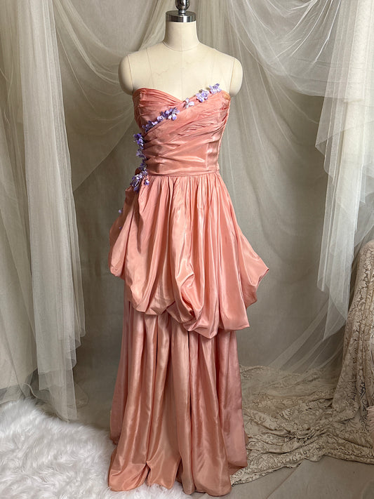 Vintage 1940's Formal Gown - Shell Pink Rayon Taffeta with Grand Pannier Style Skirt & Floral Cascade by Coquette Original | XS