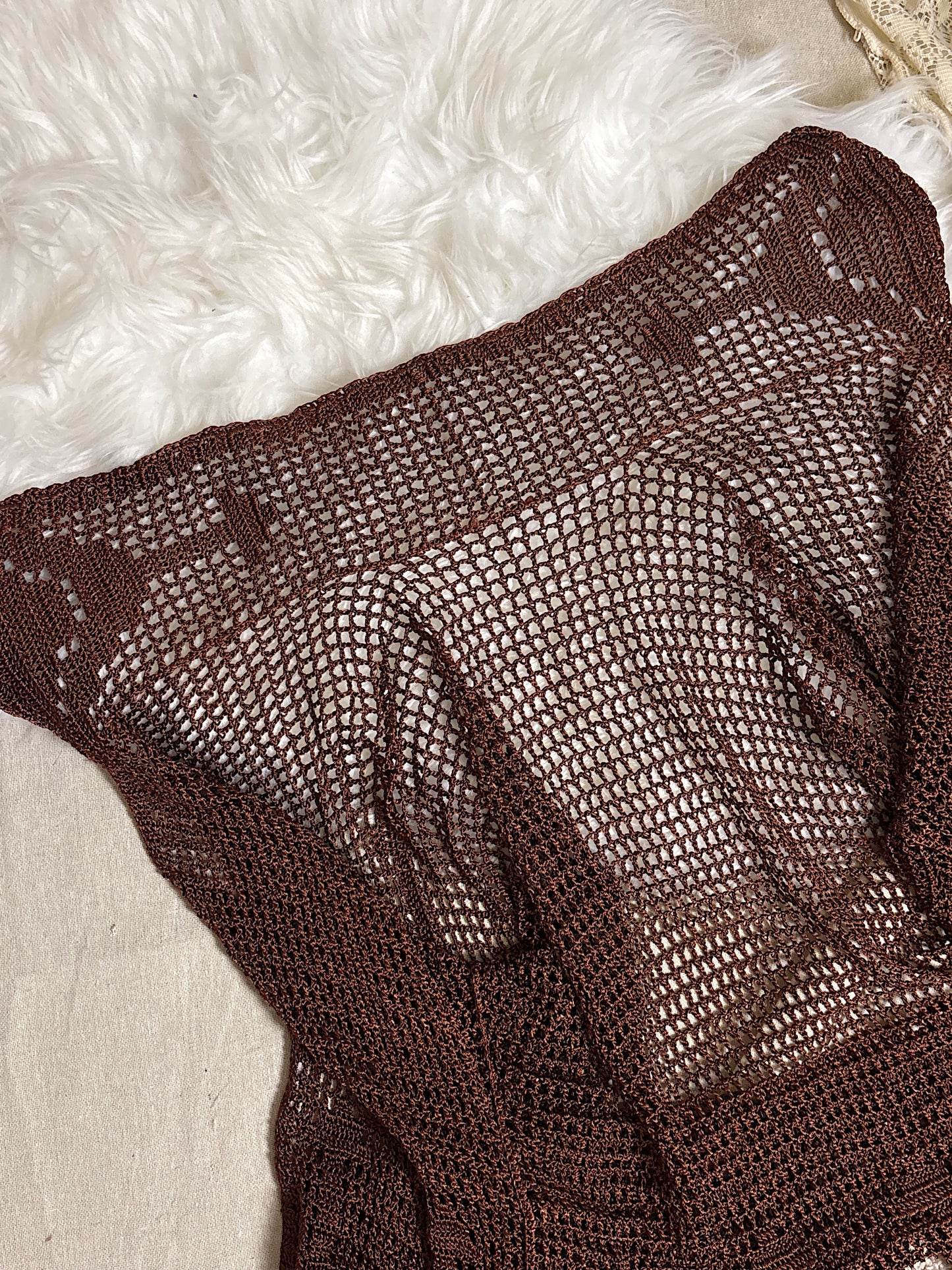 Vintage 1920's - 1930's Duster - Deep Mocha Brown Rayon Crochet with Arrow Pattern & Fringe Hem | XS, S, M
