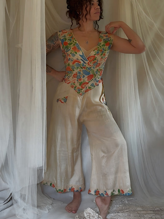 Antique 1920's Jumpsuit & Robe Lounge Set - Raw Pongee Silk with Jewel Tone Print, Made in Japan | S, M, LG