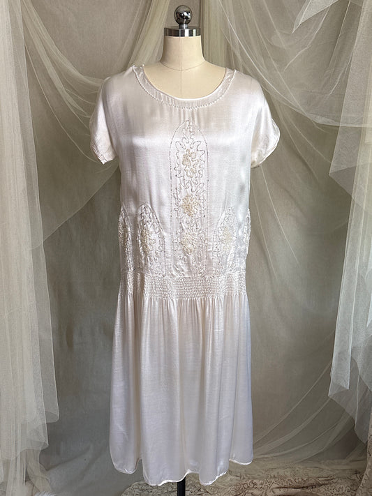 Antique 1920's Dress - Pearl White Rayon Celanese Satin with Heavy Beadwork | XS, S