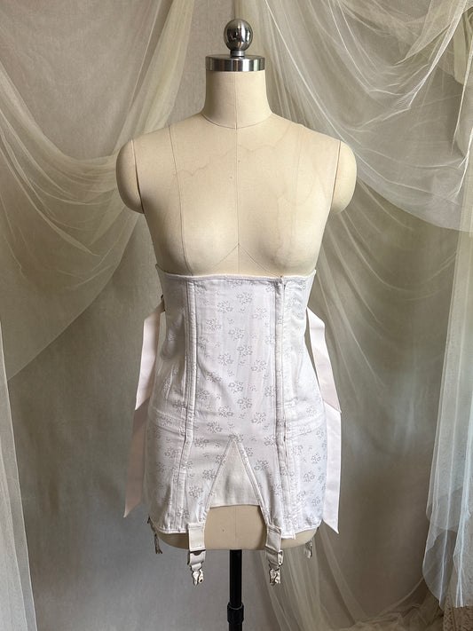 Vintage 1950's Double Fan Corset | Lightest Pink Cotton with Satin Brocade by Charmode | 30 W