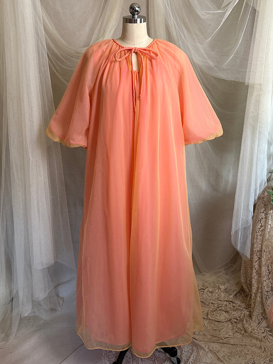 Vintage 1960's Nightgown & Peignoir Set - Multi-tone Tangerine Nylon Chiffon by Molyclaire | M, LG