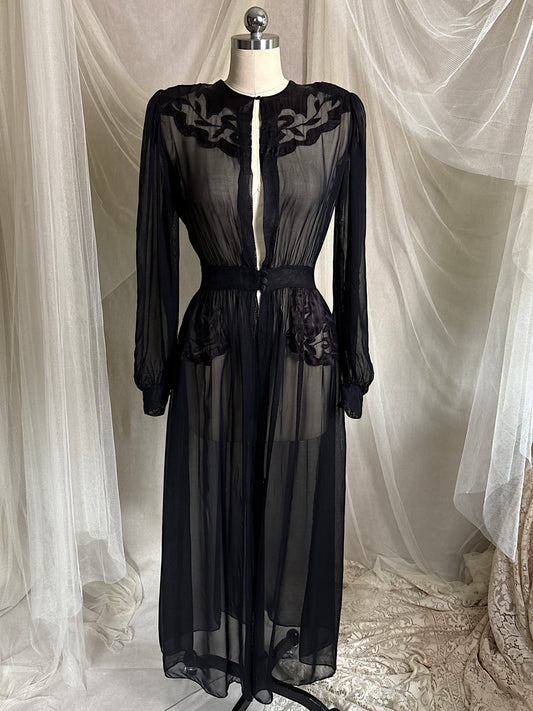 Vintage 1940's Dressing Gown - Sheer Black Rayon Chiffon with Satin Appliqués | S