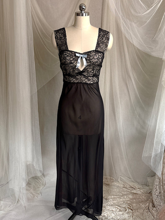 Vintage 1940's Nightgown - Sheer Black Rayon Chiffon with Diamond Keyhole | S