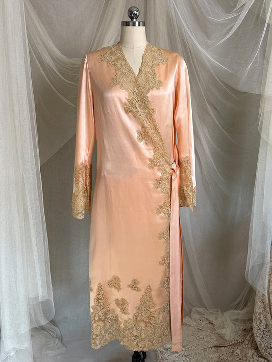 Antique 1920's Dressing Gown - Light Rose Pink Silk Satin with Gold Alençon Lace | S, M