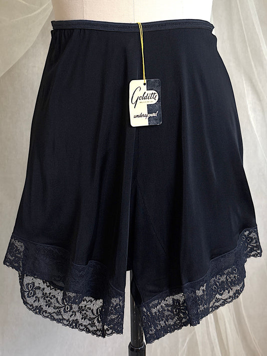 Vintage 1940's - 1950's Pettipants - Silky Black Rayon Knit with Lace Hem by Goldette- New with Tags | Sz 5 XXS, XS