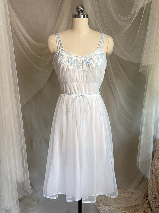 Vintage 1950's - 1960's Babydoll Nightgown - Sheer White Nylon Chiffon with Baby Blue Piping by Gotham | S, M