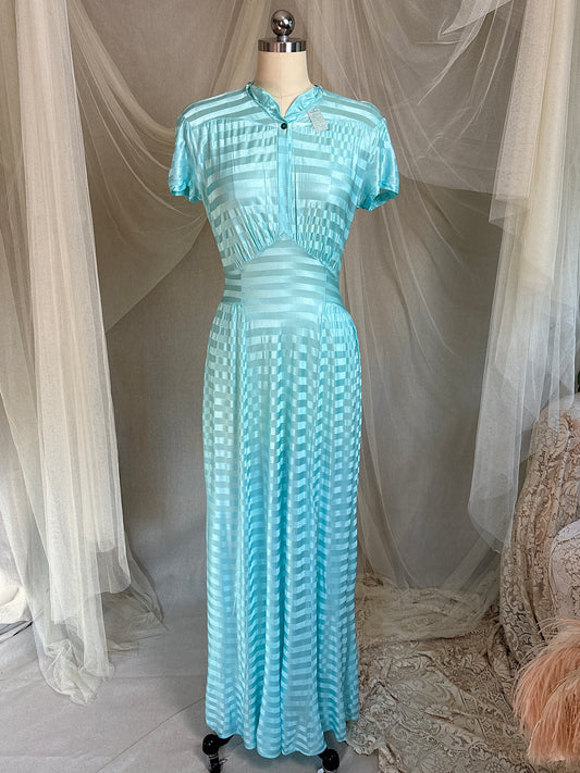 Vintage 1930's Nightgown - Blue Water Rayon Jersey Knit with Satin Stripes by Van Raalte, New with Tags | XS, S