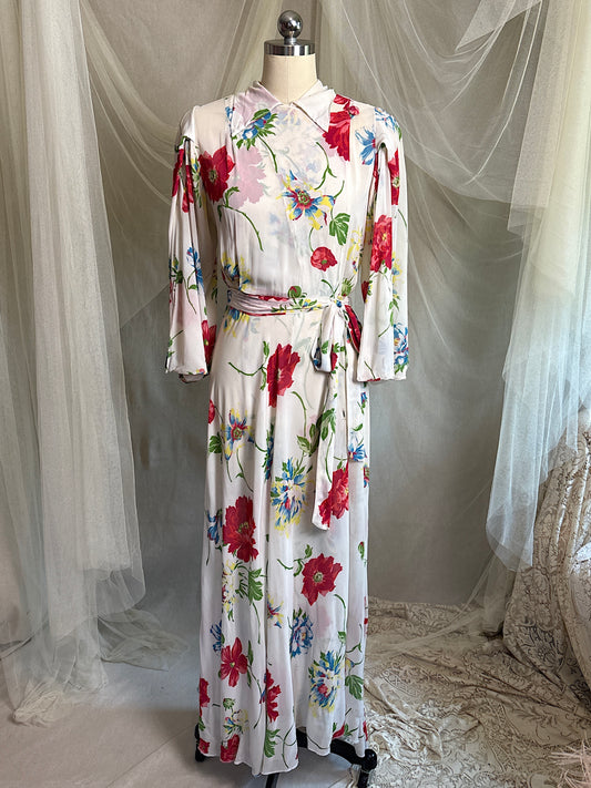 Vintage 1930's - 1940's Robe - Semi Sheer White Rayon Crepe with Bold Floral Print & Kimono Style Sleeves | XS, S, M
