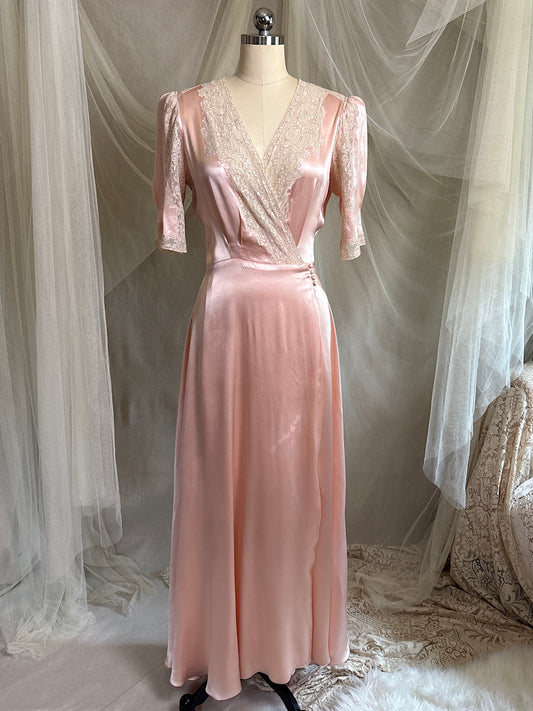 Vintage 1940's Dressing Gown - Dusty Rose Pink Crepe-Back Satin with Keyhole Back | S, M
