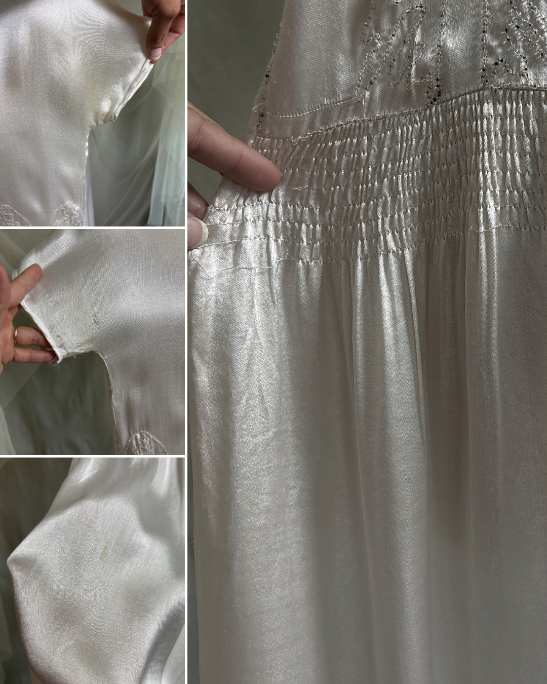 Antique 1920's Dress - Pearl White Rayon Celanese Satin with Heavy Beadwork | XS, S