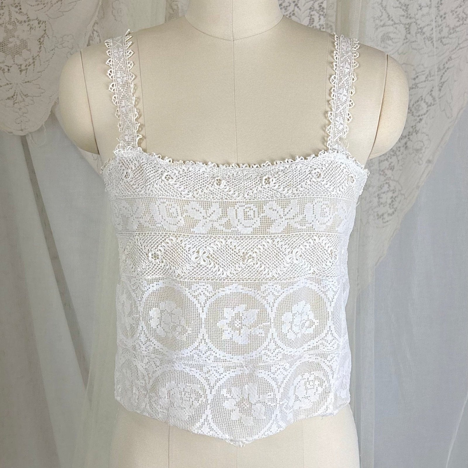 Antique 1910s-1920s Camisole - Irish Crochet & Filet Mixed Lace 